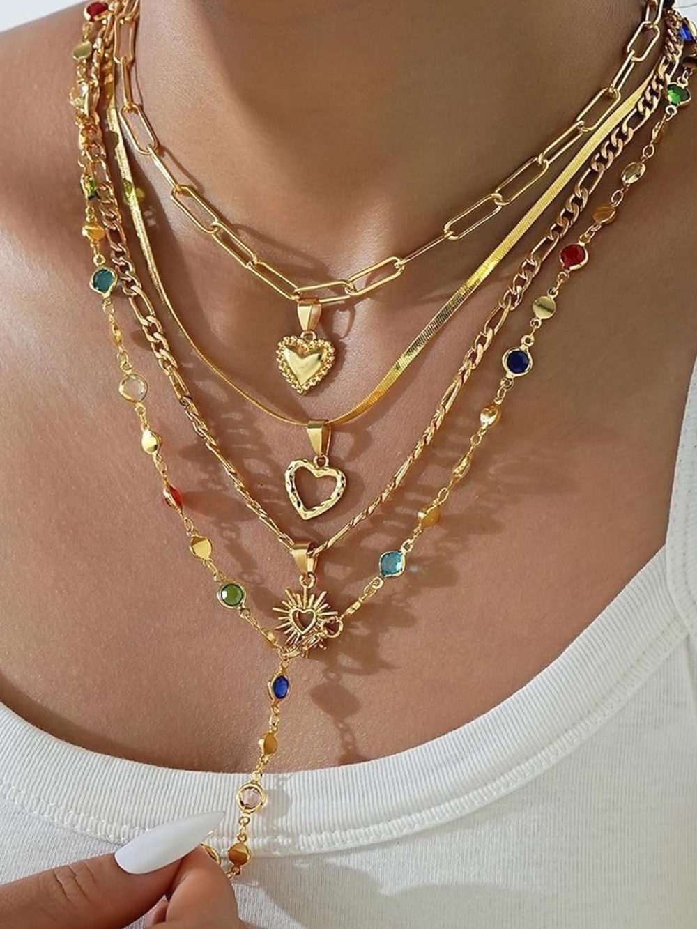 Anthropologie Gold Multi-Layer Heart & Gemstone Necklace